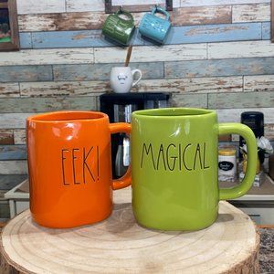 Rae Dunn Set "Magical" & "EEK!" Mug Halloween Green & Orange